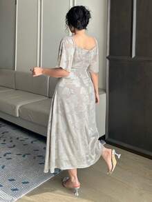 Dazy Plus Textured Fabric Square Collar Ruffle Sleeve Waist Cinched Elegant Long Dress, Spring/Summer - Grey - View 7