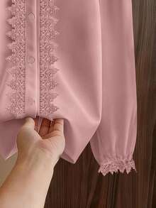 Franclia 女士休闲通勤圆领长袖珍珠装饰衬衫，优雅百搭，适合工作场合，秋冬季穿着。 - 粉色 - 查看 4