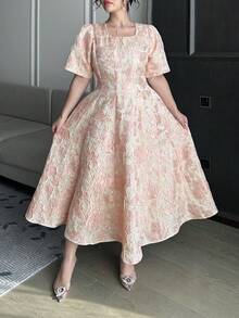 Dazy Plus 大码女式印花方领短袖收腰长款派对连衣裙，粉色，春夏吊带裙 - 淺粉色 - 查看 7