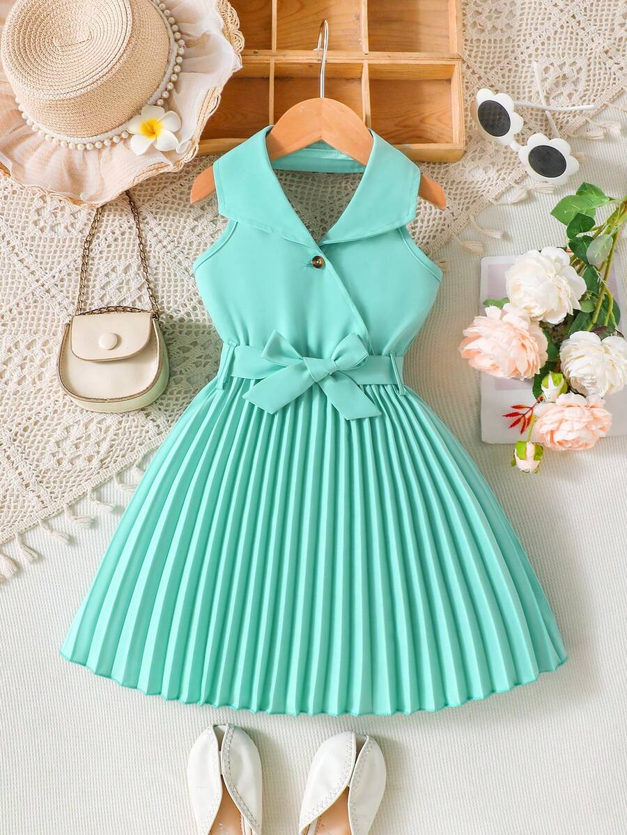 Elladie kids 女童褶皱领系带中长连衣裙，优雅高贵的假日连衣裙 - 薄荷綠 - 查看 1