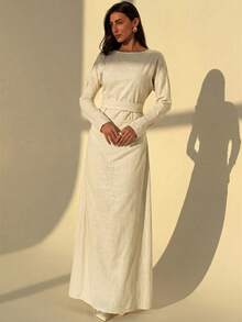 Aloruh 女士长袖棉质舒适褶皱腰身长款亚麻连衣裙，秋冬长袖长裙棉质连衣裙端庄连衣裙女士长裙 - 杏色 - 查看 4