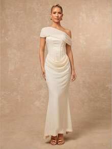 Lumalex 早春露肩网纱拼接缎面腰部鱼尾裙，女士奢华新年新造型，低调奢华，适合舞会、聚会、宴会、低调奢华、闪耀节日派对、锐舞音乐节、郊游、度假、户外、婚礼季、宴会、宰牲节、新年派对、派对礼服、露肩正式礼服、象牙色礼服、优雅礼服 - 杏色 - 查看 4