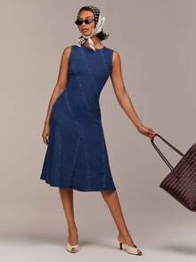 COSMINA 女士无袖不对称拼接牛仔中长连衣裙，休闲通勤度假高街简约牛仔连衣裙 - 藍色 - 查看 3