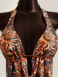 Zestiva 3pcs/Set Leopard Print Halter Beaded Top + Leopard Print Triangle Bikini Bottoms + Leopard Print Ruffle Hem Skirt, Hot Selling Beach Vacation Casual Outfit - Multicolor - View 5