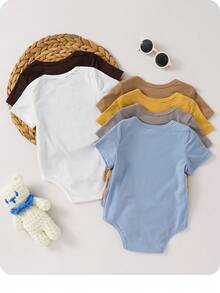 Bộ 6 món áo liền quần ngắn tay màu trơn cho bé trai/bé gái sơ sinh, thoáng khí và dễ thương, thích hợp để mặc lót hoặc mặc ngoài vào mùa xuân/hè. - Nhiều màu - Xem 2