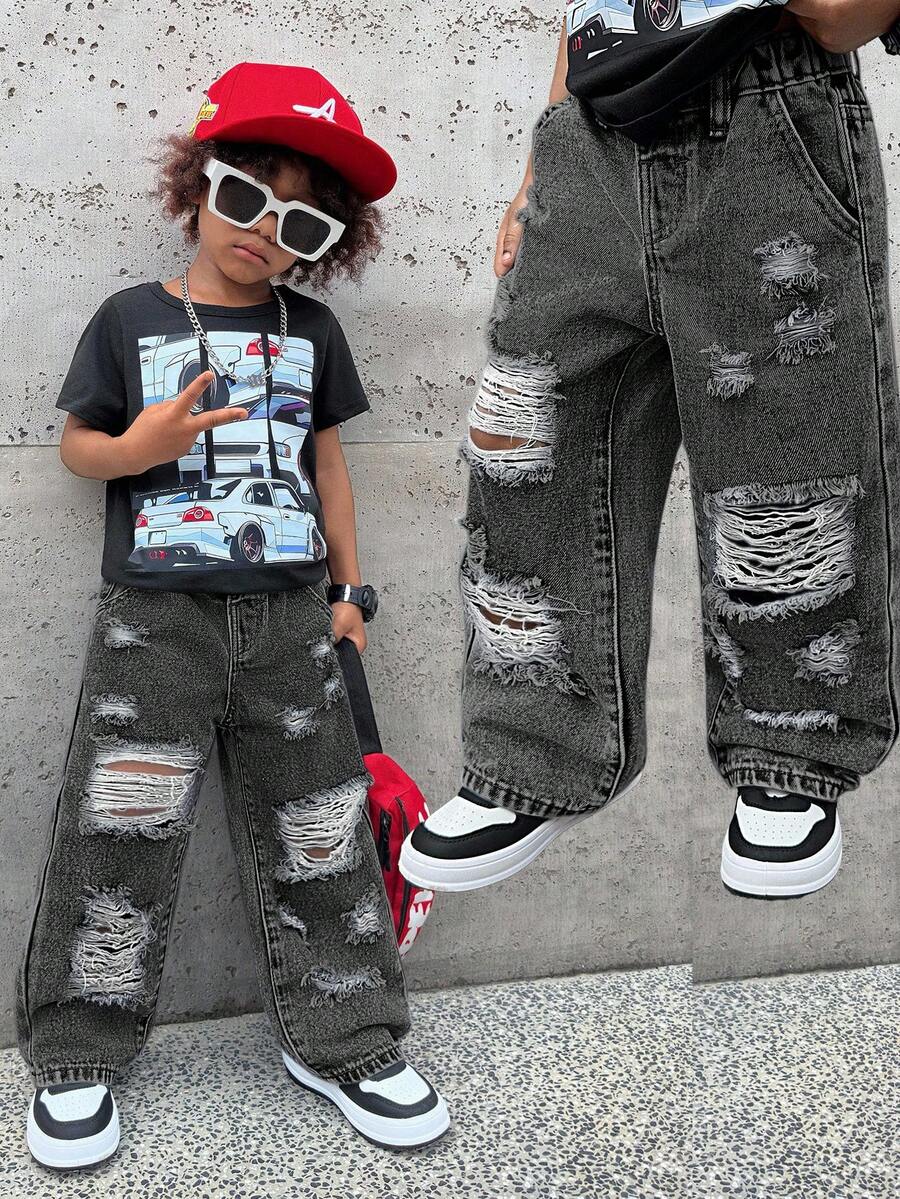 Quần jeans denim xanh dáng rộng, phong cách đường phố retro dành cho bé trai, thích hợp mặc hàng ngày vào mùa xuân và mùa hè. - màu đen - Xem 1