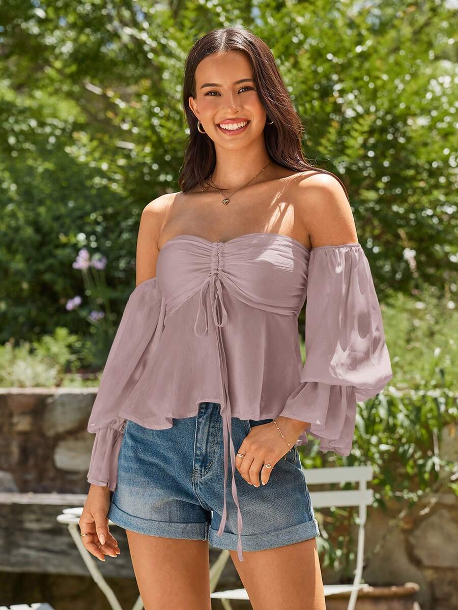 KARISMINA Blus Wanita Kasual Liburan Warna Polos Tanpa Bahu - Dusty Pink - View 1