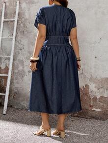 EMERY ROSE Plus Size Summer Casual Washed Pleated Front Button Down Denim Dress,Summer,Valentine's Day, - Blue - View 2