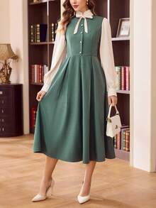 Vintamour Đầm nữ cổ điển thanh lịch có túi, kiểu dáng 2 trong 1, tay áo sơ mi, nơ, viền bèo nhún, cúc ngọc trai, phối màu tương phản, thích hợp cho công sở, du lịch, nghỉ lễ, đầm dài mùa hè cho nữ, trang phục mùa hè, đầm dài mùa hè cho nữ, quần áo mùa hè, trang phục nghỉ hè, trang phục mùa xuân cho nữ, trang phục nghỉ xuân, quần áo mùa xuân, đầm mùa xuân cho nữ, đầm thanh lịch cho nữ. - màu xanh lá - Xem 8