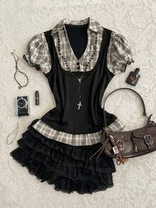 Attitoon 休闲复古朋克 Y2K、情人节音乐节西部哥特风二合一格子拼接泡泡袖修身女式衬衫，适合夏季外出穿着 - 黑色 - 查看 4