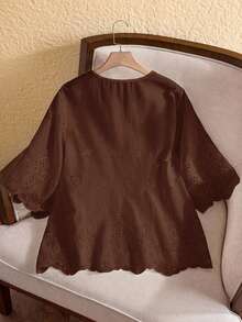 EMERY ROSE 大码女式刺绣V领宽松衬衫，夏季 - 咖啡棕 - 查看 2