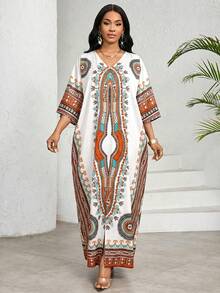 SHEIN Lady 女士印花V领七分袖宽松连衣裙，度假风 - 彩色 - 查看 1