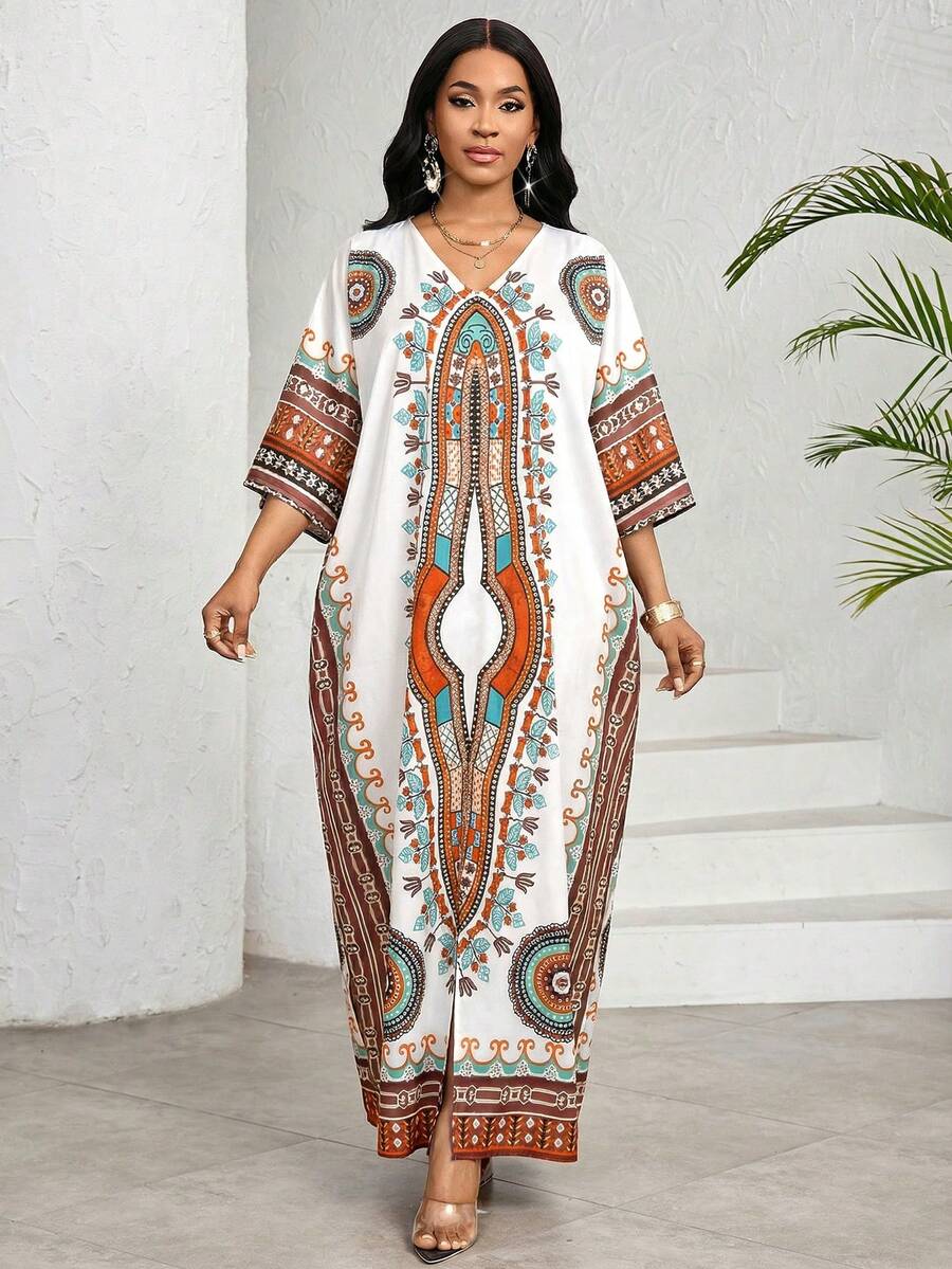 SHEIN Lady 女士印花V领七分袖宽松连衣裙，度假风 - 彩色 - 查看 1