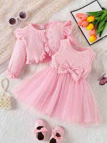 SHEIN 两件套女婴甜美公主裙套装，粉色荷叶边袖外套+无袖连衣裙，松紧腰蝴蝶结设计，时尚百搭，适合日常穿着 - 粉色 - 查看 10