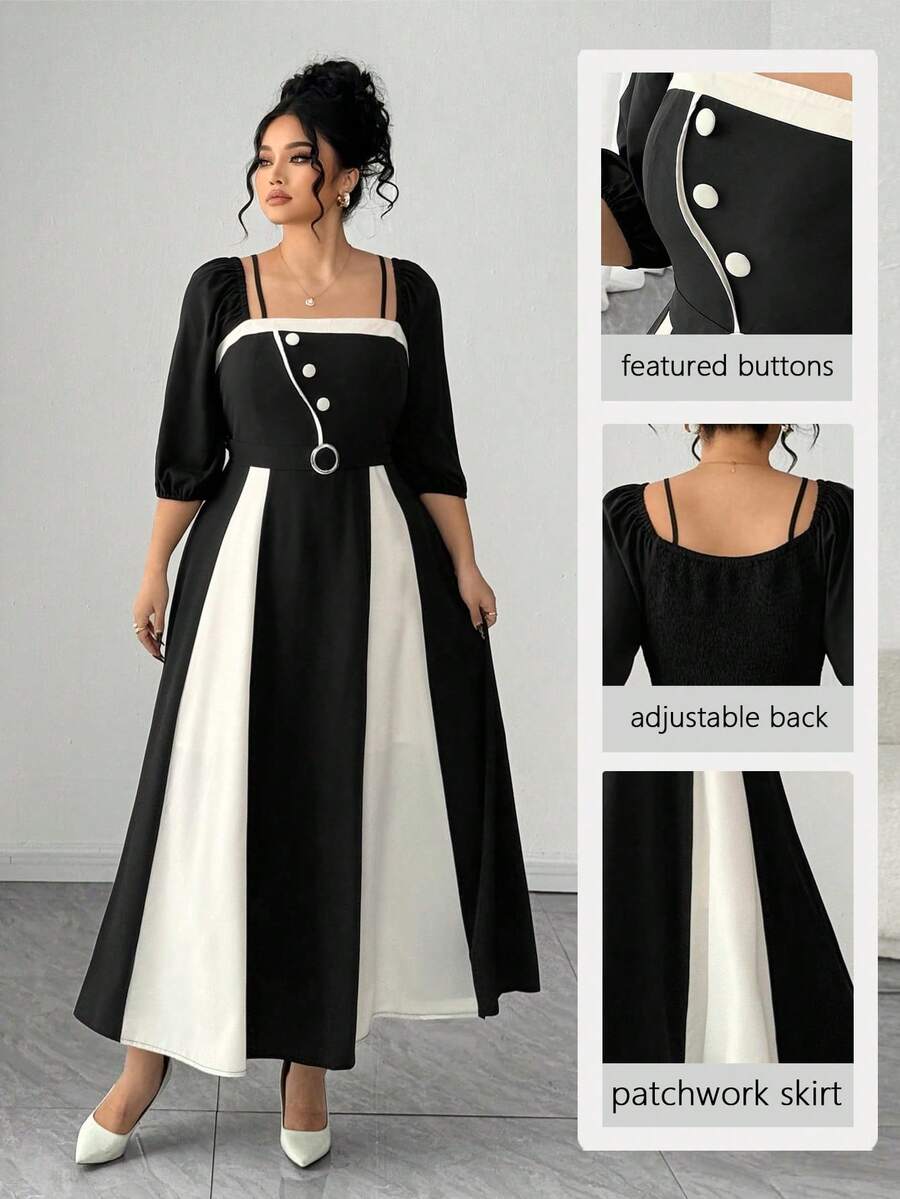 SHEIN Elenzya Vestido elegante de mujer talla grande con cuello cuadrado, mangas farol y diseño de botones en contraste de color - Negro - Ver 1