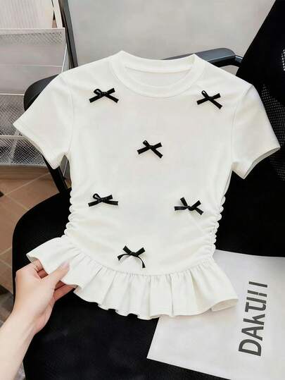 SHEIN Franclia 3D Bowknot Accent Round Neck Short Sleeve T-Shirt