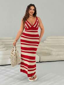 SHEIN EZwear Đầm maxi len móc cỡ lớn dành cho kỳ nghỉ hè - Đỏ và trắng - Xem 5