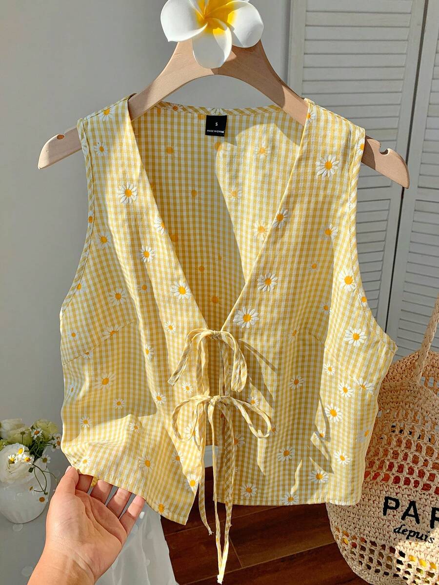 SHEIN EZwear New Summer Vacation Holiday Women's Casual Daisy Plaid Print V-Neck Tie Front Sleeveless Blouse, Summer - Yellow - View 1