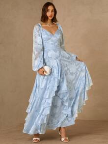 Enchnt Spring/Summer Romantic Women's Baby Blue Jacquard Ruffle Hem Long Sleeve Maxi Dress,Sweet&Elegant For Party&Prom&Vacation&Date&Holiday&Going Out&Valentine's Day,Spring Outfit Women - Blue - View 3