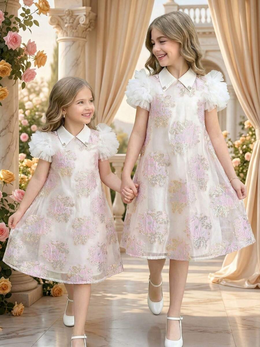 SHEIN فستان دانتيل Tween Girls Floral Jacquard Satin Pleated Collar Rhinestone Decor Ruffle Hem Puff Sleeve Dress With Bow Headband, White Princess Dress, Suitable For Graduation Dance, Birthday Party, Valentine's Day, Flower Girl Dress, Gorgeous Palace Style - White - View 1
