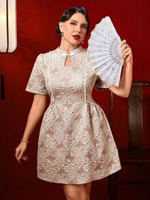 Auvina Chinese New Year Women's New Chinese Style Mandarin Collar Jacquard Dress - Coffee Brown - View 1