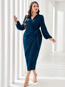 SHEIN CURVE+ Plus Size V-Neck Long Sleeve Allover Print Waist Tie Slim Fit Elegant Charming Long Evening Dress - Blue - View 3