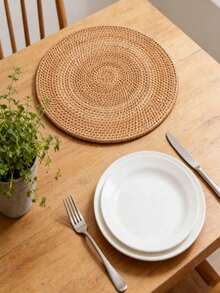 2 PIEZAS Alfombrilla de comedor de ratán hecha a mano, posavasos de té circular simple japonés de color marrón, resistente al calor y aislante, adecuado para mesas de comedor y mesas de café - Marrón - Ver 3