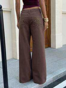 Siren Gaze Women's Low-Rise Wide-Leg Jeans With Studded Five-Pointed Star Pattern, Y2K Summer Casual, Music Festival. - Brown - View 3