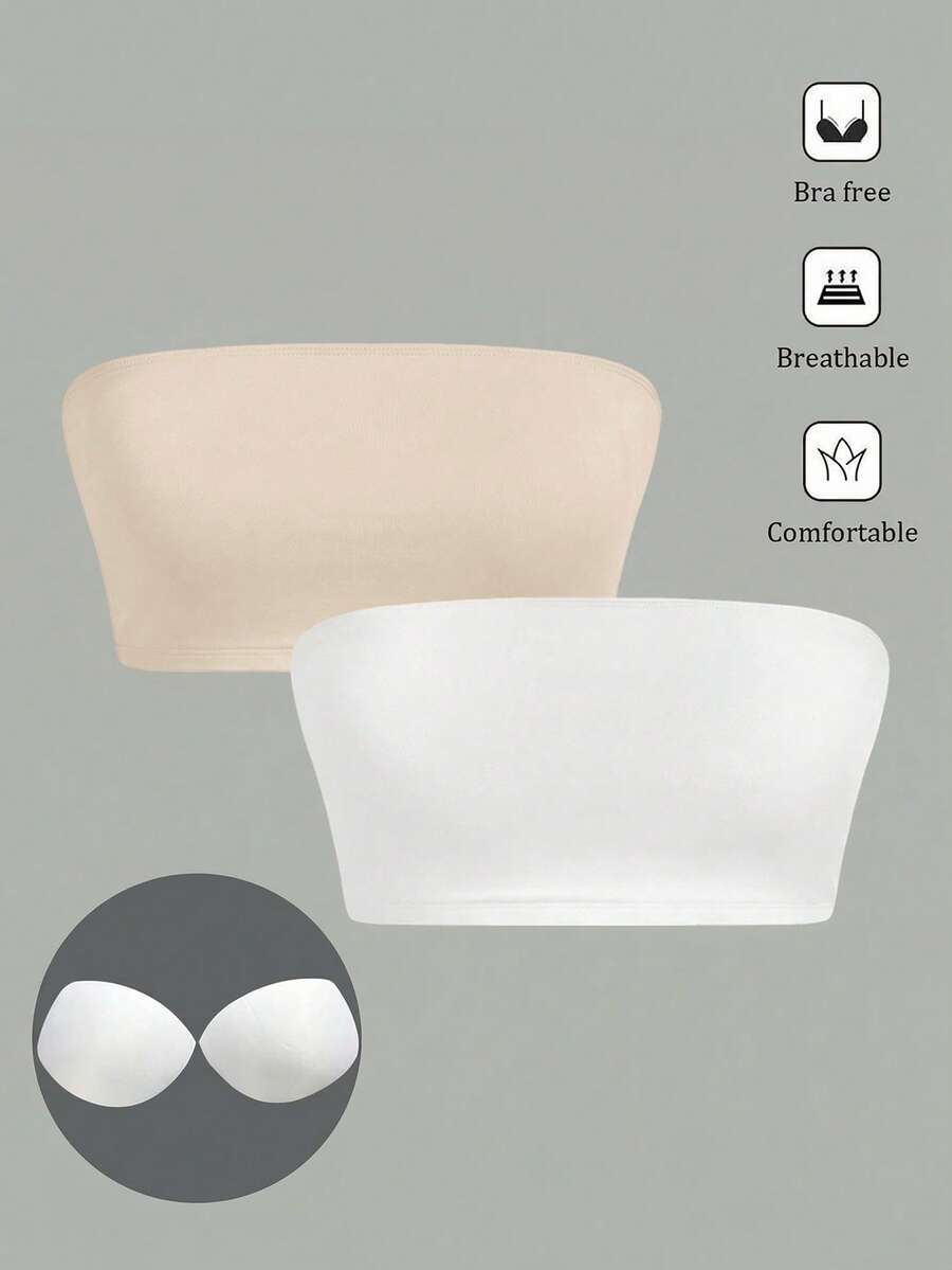 SHEIN SXY 2PCS 2 Packs Women's Stretch Strapless Casual Versatile Sexy Cropped Tops With Built-In Bra Pads - Multicolor - View 1