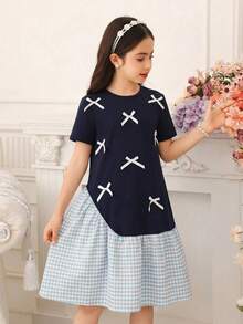 SHEIN Tween Girl Woven Solid Color Plaid Patchwork Cute Bow Decor Round Neck Short Sleeve Loose Dress, Blue Dress, Suitable For Travel, Daily Outing, Back To School - Royal Blue - View 4