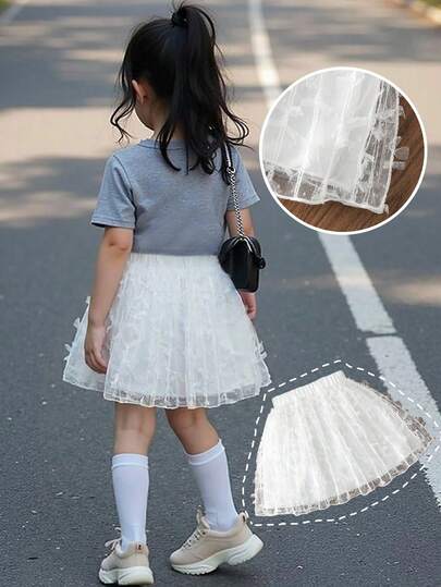 SHEIN 少女甜美优雅白色刺绣3D蝴蝶结网纱A字公主迷你裙，日常百搭，优雅可爱，甜美可人。