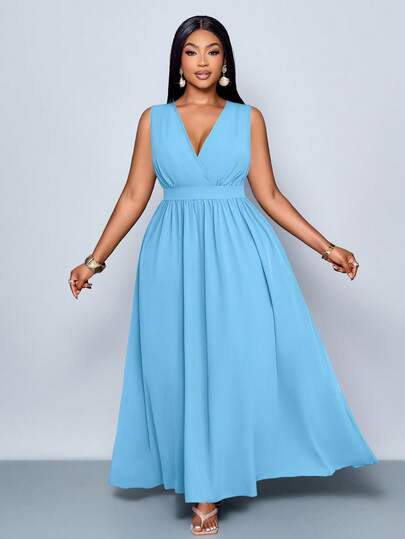 SOLERSUN Plus Size New Spring And Summer Fashion Solid Color Cross Deep V Neck Long Casual Loose A-Line Dress, Simple Clothing For All Seasons, Casual Loose Long Skirt, Daily Commuting Travel Seaside Holiday Casual Dress