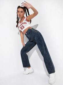 Jeanoix Women's Casual Daily Chain Decor Cone Denim Jeans - Dark Wash - View 5