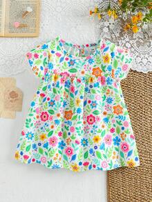 SHEIN Playful Pals 女婴可爱碎花荷叶袖休闲连衣裙，适合居家、户外、度假、聚会和日常穿着 - 彩色 - 查看 2