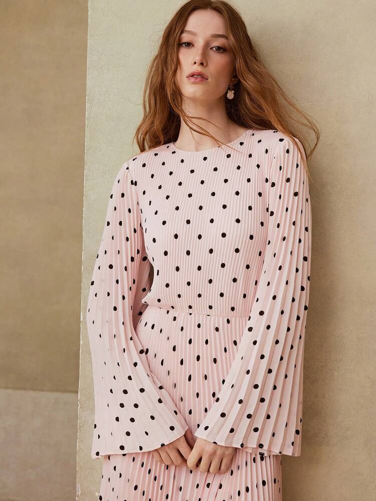 WOMEN'S POLKA DOT PRINT PLEATED ELEGANT LONG SLEEVE DRESS, SUITABLE FOR SPRING/SUMMER