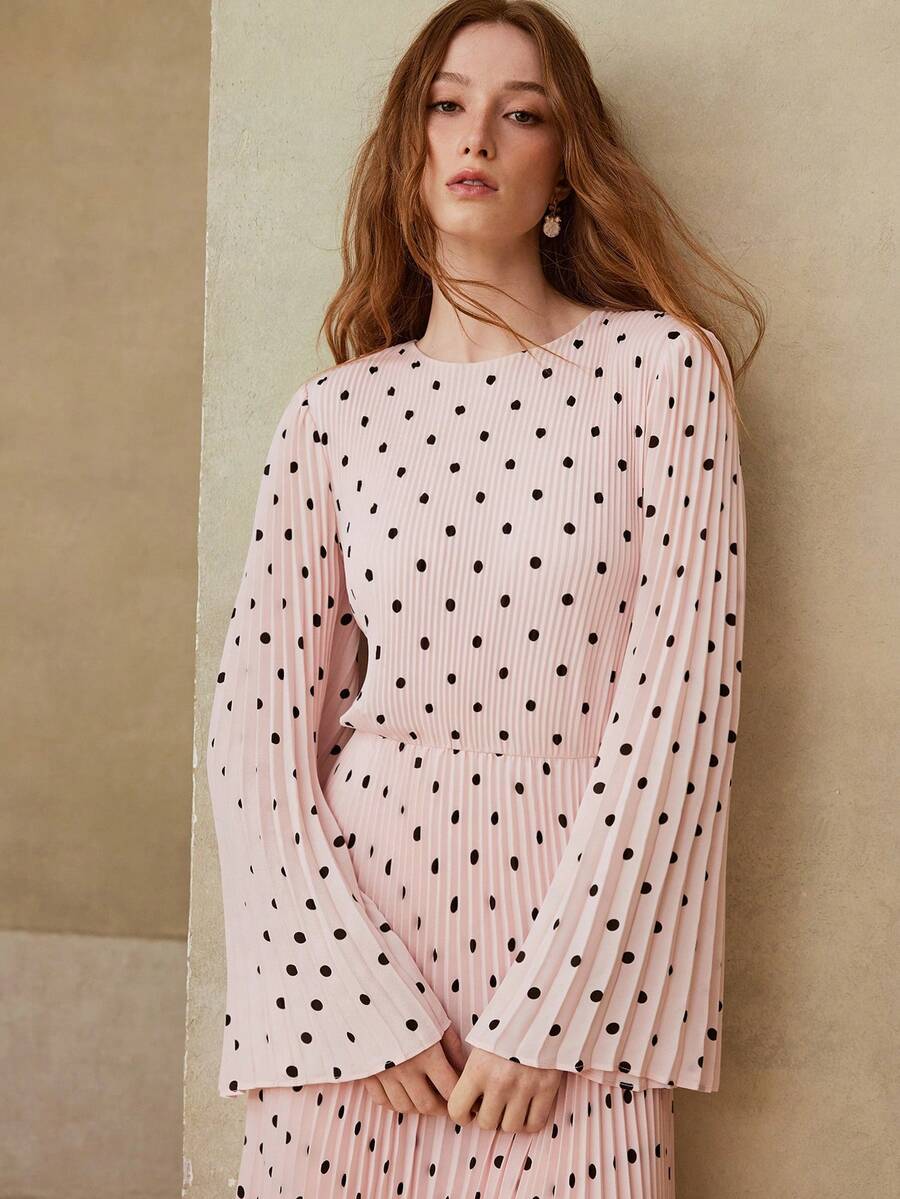 MOTF PREMIUM WOMEN'S POLKA DOT PRINT PLEATED ELEGANT LONG SLEEVE DRESS, SUITABLE FOR SPRING/SUMMER - Pink - View 2