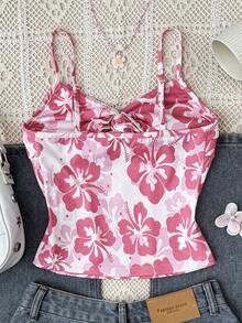 Teen Girl Fashionable Floral Print Criss-Cross Front Tight Camisole