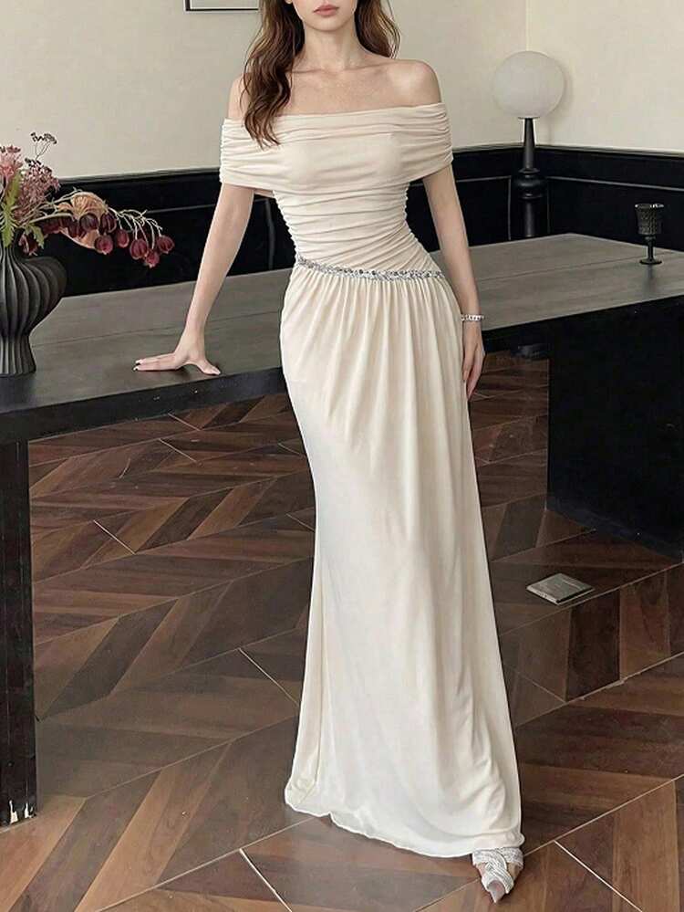 Modelyn Apricot Long Sleeve Off Shoulder Maxi Dress Women's Elegant A-Line Gown With Sequin Embellishment - Apricot - View 4