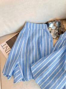 Airaco Women's Knight Embroidery Striped Single-Breasted Pocket Shirt And Shorts Casual 2 Pieces Set - Blue - View 3