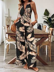 SHEIN Holidaya 女士休闲度假V领连体裤 - 黑色 - 查看 7