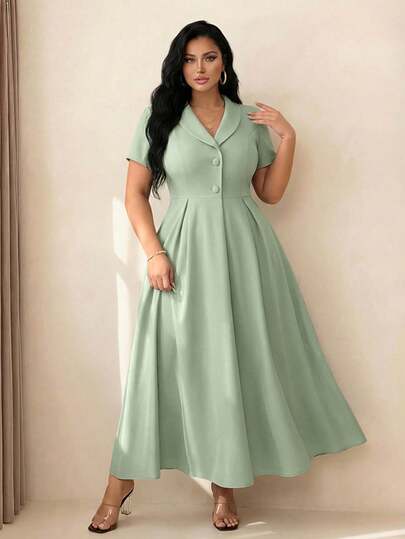 GlowEve CURVE Plus Size Women's Elegant Short Sleeve Button Decor Waist A-Line Dress, Suitable For Summer Commute, Office, Graduation, Holidays, Valentine's Day, Music Festivals, Mother's Day, Halloween, Thanksgiving, Easter, National Day, Dances, Dates, Parties, Weddings, Outdoor Activities