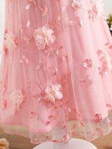 SHEIN Young Girl's Stand Collar Mesh Floral Casual Loose Halter Dress - Pink - View 11