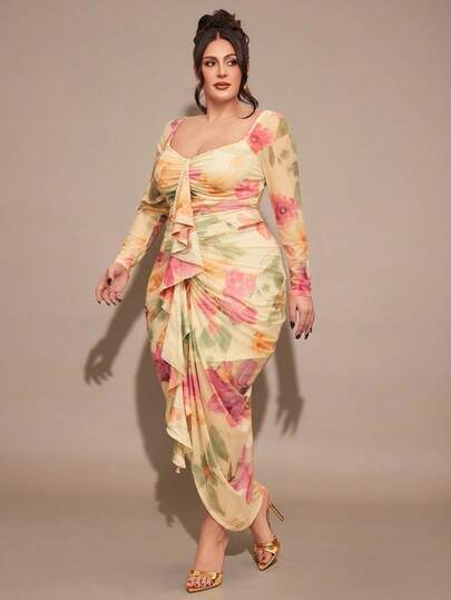 SHEIN BAE Plus Size Women's Yellow Ruched Ruffle Hem Dress, Valentine's Day Dress,Wedding Dresses, Graduation Dresses, Back-To-School Dresses, Birthday Party Dresses, Valentine's Day Dresses, Elegant Dresses.Mesh  Dress Plus Size Resort Wear Resort Wear Curve Plus Size Hawaii Outfits Bohemela Plus Size Saree For Women