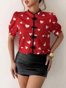 Chiquease 女士爱心印花立领撞色纽扣短袖修身衬衫，适合情人节、约会、日常穿着、夏季上衣，优雅百搭，适合度假、节日等场合。 - 紅色 - 查看 6