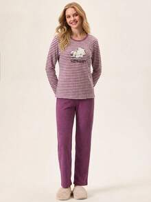 Loomlin 100%纯棉条纹卡通图案睡衣套装 - 紫色 - 查看 3