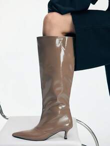 Women's Fashion Pointed Comfort Kitten Heel Knee Boots - Khaki - View 7