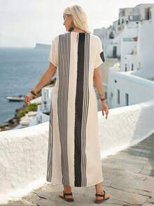 SHEIN Holidaya Women's Casual Comfortable Vacation Linen Textured Striped Floral Print Short Sleeve Maxi Loose Dress, Spring/Summer - Multicolor - View 2