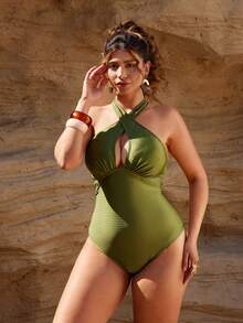 Swim Oasis 大码女式亮面纹理面料交叉前系带露背椰树印花网纱裙连体泳衣，休闲度假日常泳池优雅款 - 綠色 - 查看 5