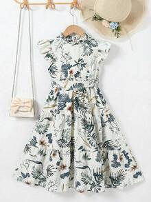 SHEIN Young Girl Ditsy Floral Sleeveless Ruffle Collar Chiffon Dress - Beige - View 3