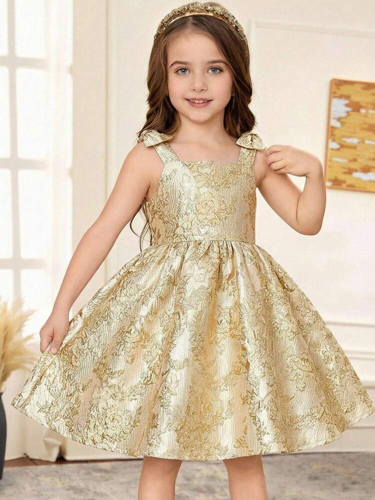 SHEIN Vestido de princesa sin mangas con estampado jacquard dulce y lindo para niña - Albaricoque - Añade 1